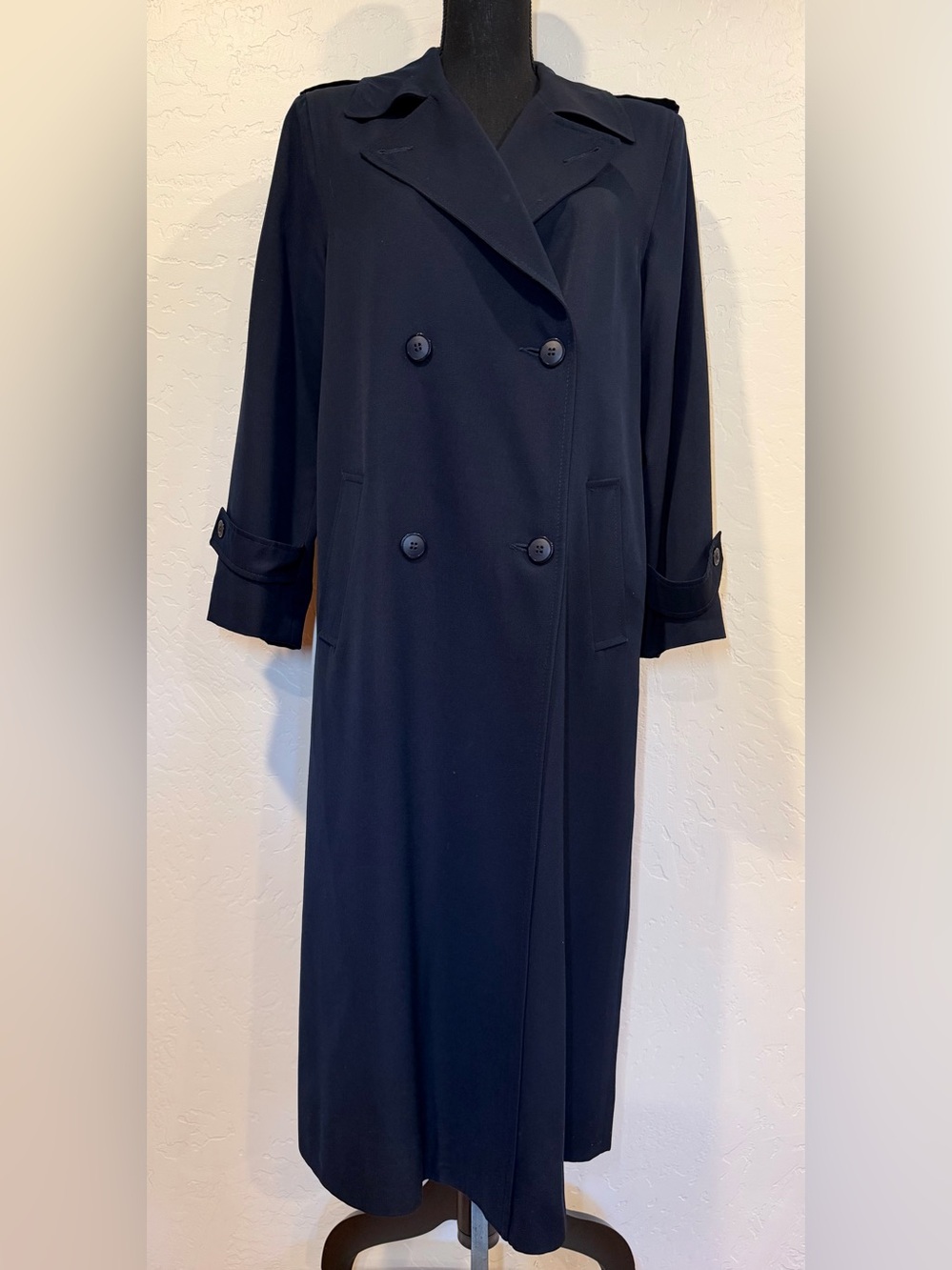 Vintage Kimberly Bennett 100% Worsted Wool Trench Coat Navy Long USA Sz 6